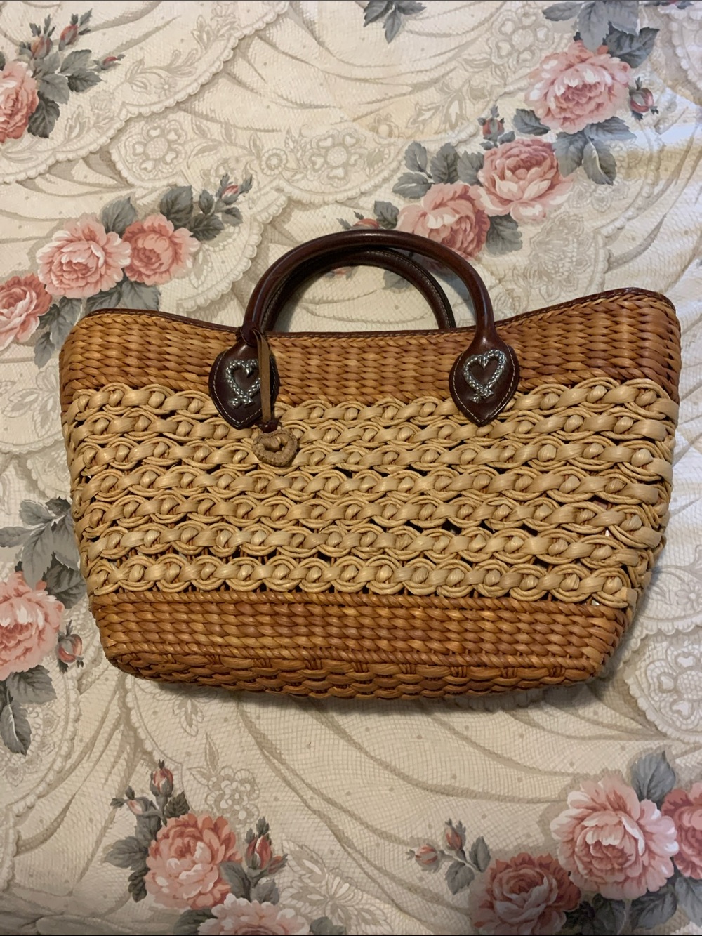 Brighton Woven Straw Tote Bag with Dark Brown Handles - Natural